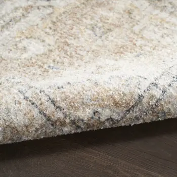 8' Beige Tan And Blue Floral Medallion Distressed Washable Round Rug