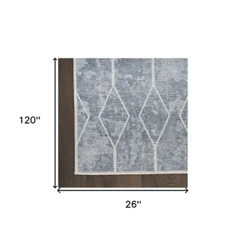 10' Blue and Gray Geometric Power Loom Washable Runner Rug