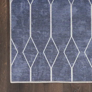 10' Blue Geometric Washable Runner Rug
