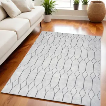 5' X 7' Gray and Ivory Geometric Power Loom Distressed Washable Area Rug