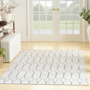 6' X 9' Gray and Ivory Geometric Power Loom Distressed Washable Area Rug