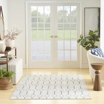 6' X 9' Gray and Ivory Geometric Power Loom Distressed Washable Area Rug
