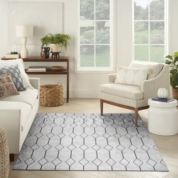 6' X 9' Gray and Ivory Geometric Power Loom Distressed Washable Area Rug