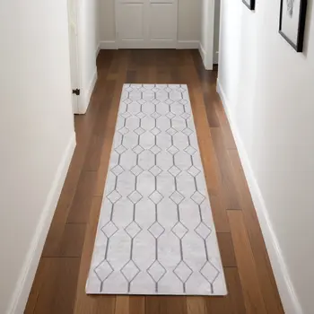 8' Cream Geometric Washable Runner Rug
