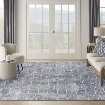 9' X 12' Blue and Beige Geometric Power Loom Washable Area Rug