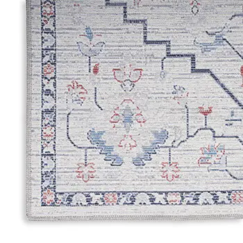 8' Ivory and Blue Oriental Power Loom Washable Runner Rug