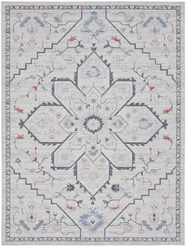 8' X 10' Ivory and Blue Oriental Power Loom Washable Area Rug