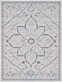 9' X 12' Ivory and Blue Oriental Power Loom Washable Area Rug