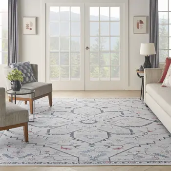 9' X 12' Ivory and Blue Oriental Power Loom Washable Area Rug