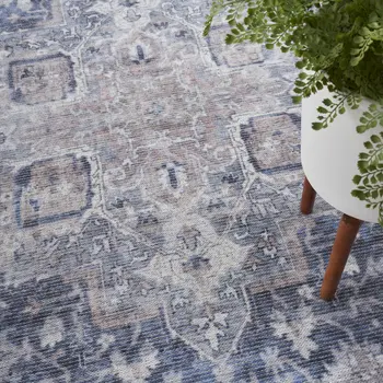 10' Blue and Ivory Floral Power Loom Distressed Washable Runner Rug
