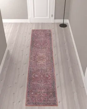 10' Blue and Red Floral Power Loom Distressed Washable Runner Rug