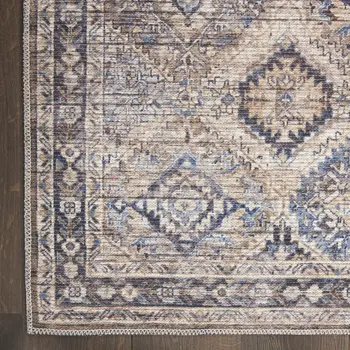 8' Ivory and Tan Floral Power Loom Distressed Washable Runner Rug
