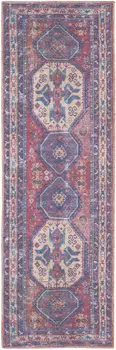 8' Blue And Red Medallion Distressed Washable Runner Rug