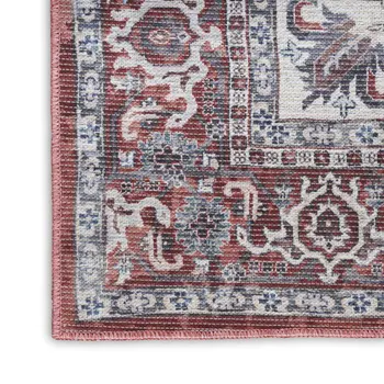 9' X 12' Red and Ivory Floral Power Loom Distressed Washable Area Rug