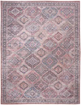 9' X 12' Blue and Red Floral Power Loom Distressed Washable Area Rug