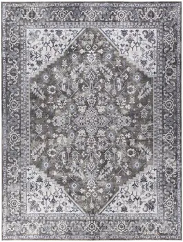 9' X 12' Green and Ivory Floral Power Loom Distressed Washable Area Rug