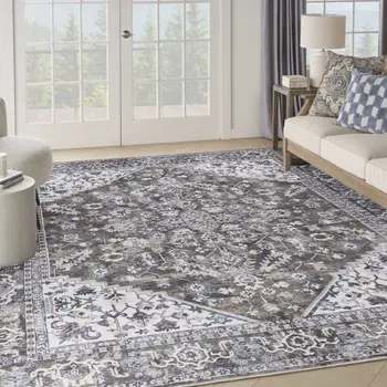 9' X 12' Green and Ivory Floral Power Loom Distressed Washable Area Rug