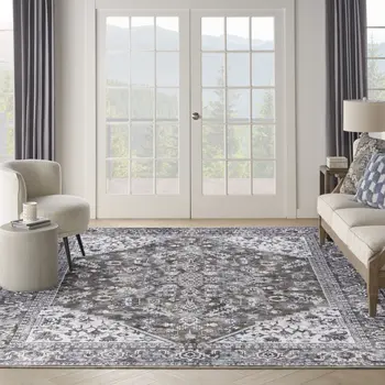 9' X 12' Green and Ivory Floral Power Loom Distressed Washable Area Rug