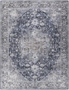 9' X 12' Blue and Ivory Floral Power Loom Distressed Washable Area Rug