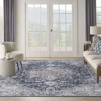 9' X 12' Blue and Ivory Floral Power Loom Distressed Washable Area Rug