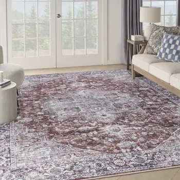9' X 12' Red and Ivory Floral Power Loom Distressed Washable Area Rug