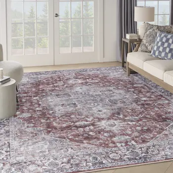 9' X 12' Red and Ivory Floral Power Loom Distressed Washable Area Rug