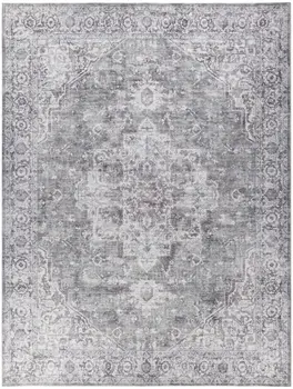 9' X 12' Gray and Ivory Floral Power Loom Distressed Washable Area Rug