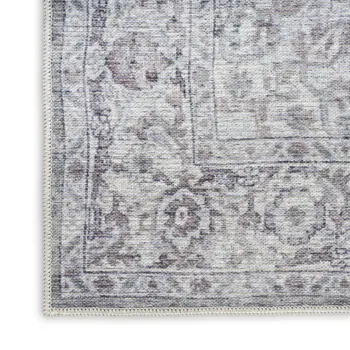 9' X 12' Gray and Ivory Floral Power Loom Distressed Washable Area Rug