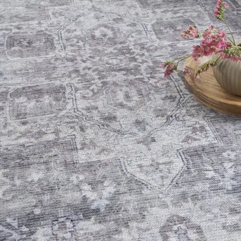 9' X 12' Gray and Ivory Floral Power Loom Distressed Washable Area Rug