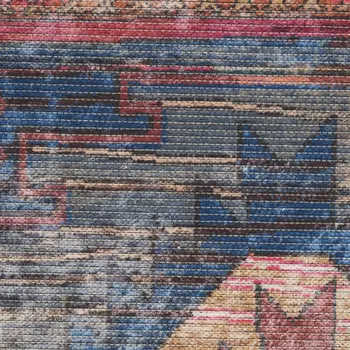 9' X 12' Blue and Red Geometric Power Loom Distressed Washable Area Rug