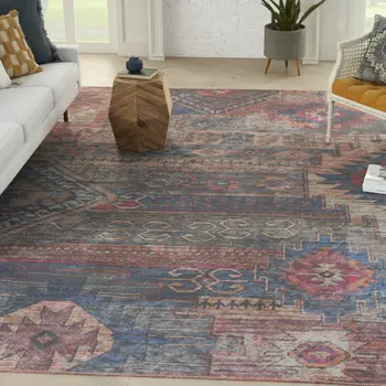 9' X 12' Blue and Red Geometric Power Loom Distressed Washable Area Rug