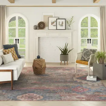 9' X 12' Blue and Red Geometric Power Loom Distressed Washable Area Rug