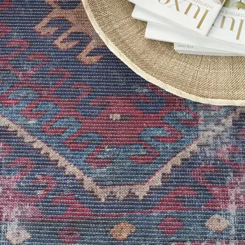 9' X 12' Blue and Red Geometric Power Loom Distressed Washable Area Rug