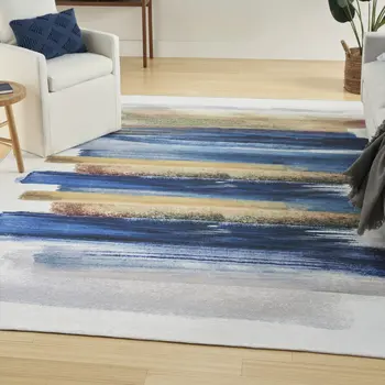 9' X 12' Blue And Gray Abstract Washable Area Rug