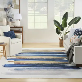 9' X 12' Blue And Gray Abstract Washable Area Rug