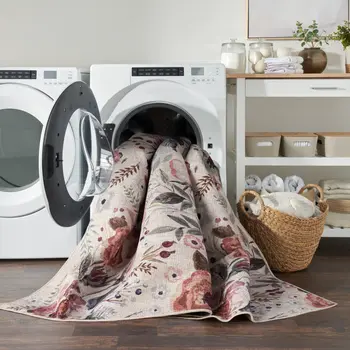 10' Ivory Floral Washable Runner Rug