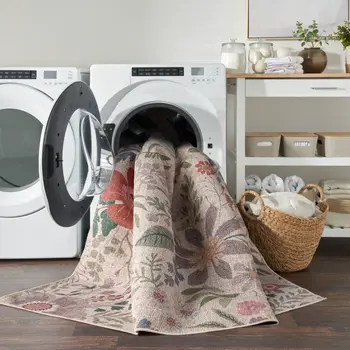 10' Cream Floral Washable Runner Rug