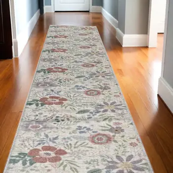 10' Cream Floral Washable Runner Rug