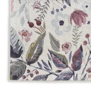 5' X 7' Ivory Pink and Green Floral Power Loom Washable Non Skid Area Rug