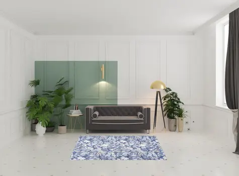 5' X 7' Blue and Off White Floral Power Loom Washable Non Skid Area Rug