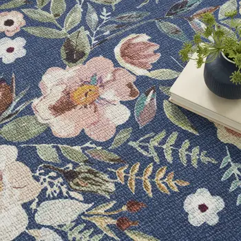 6' X 9' Blue and Green Floral Power Loom Washable Non Skid Area Rug