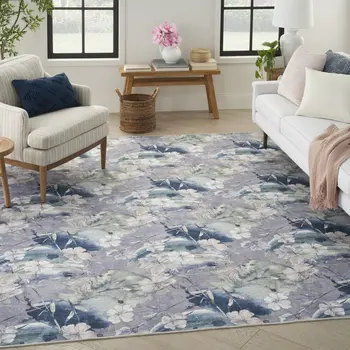 6' X 9' Ivory Blue and Gray Floral Power Loom Washable Non Skid Area Rug