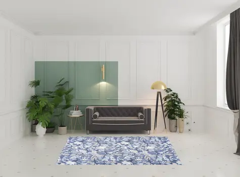 6' X 9' Blue and Off White Floral Power Loom Washable Non Skid Area Rug