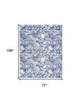 6' X 9' Blue and Off White Floral Power Loom Washable Non Skid Area Rug