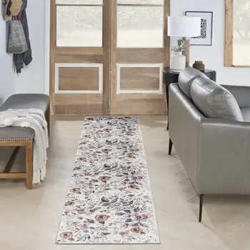 8' Ivory Floral Washable Runner Rug