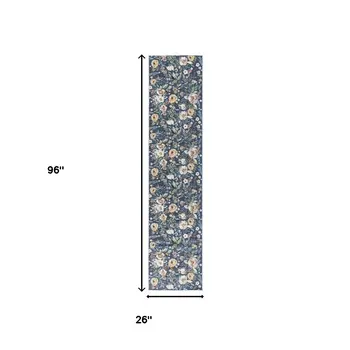 8' Blue Floral Washable Runner Rug
