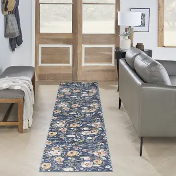 8' Blue Floral Washable Runner Rug