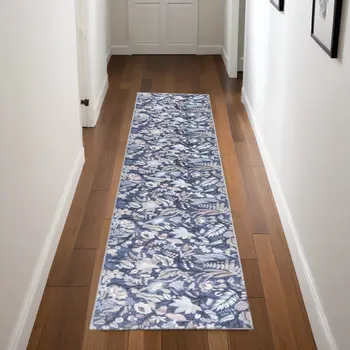 8' Blue Floral Washable Runner Rug