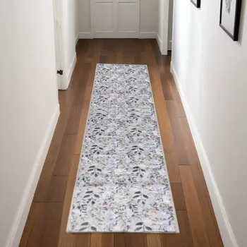 8' Gray And Blue Floral Washable Runner Rug