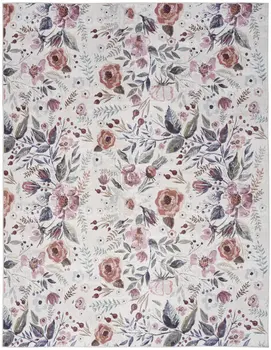 8' X 10' Ivory Pink and Green Floral Power Loom Washable Non Skid Area Rug